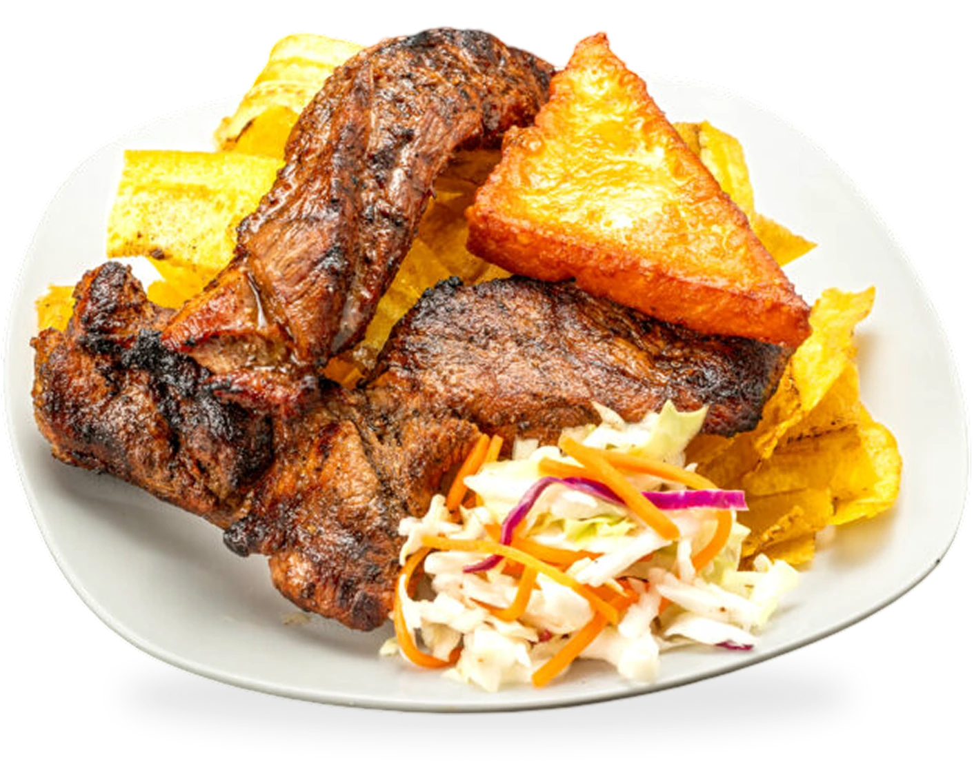 A plate of grilled meat with fried plantains, a triangle of fried cheese, and a side of coleslaw on a white dish.