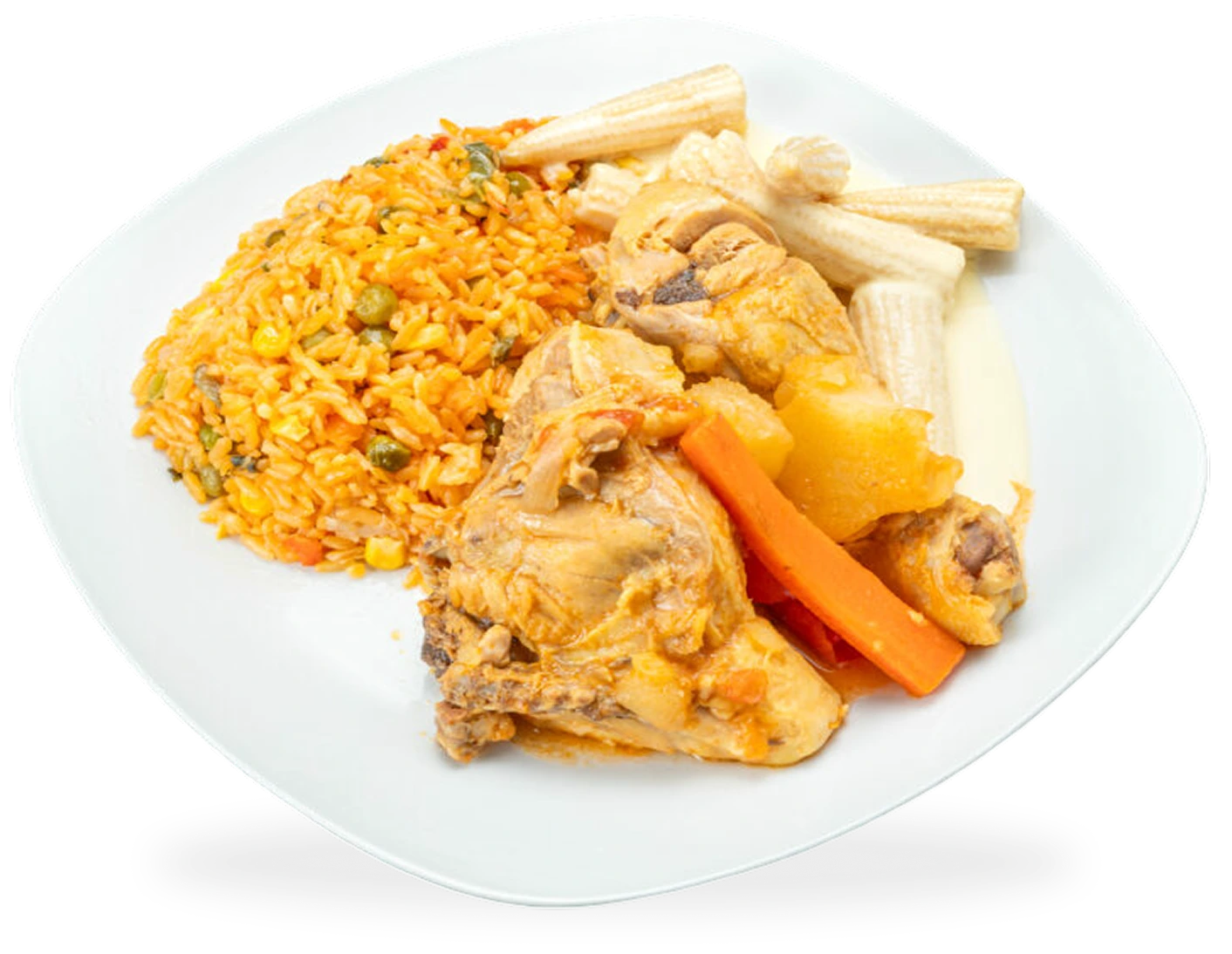 Plate with seasoned rice, chicken pieces, carrots, and cut bananas on a white dish against a neutral background.
